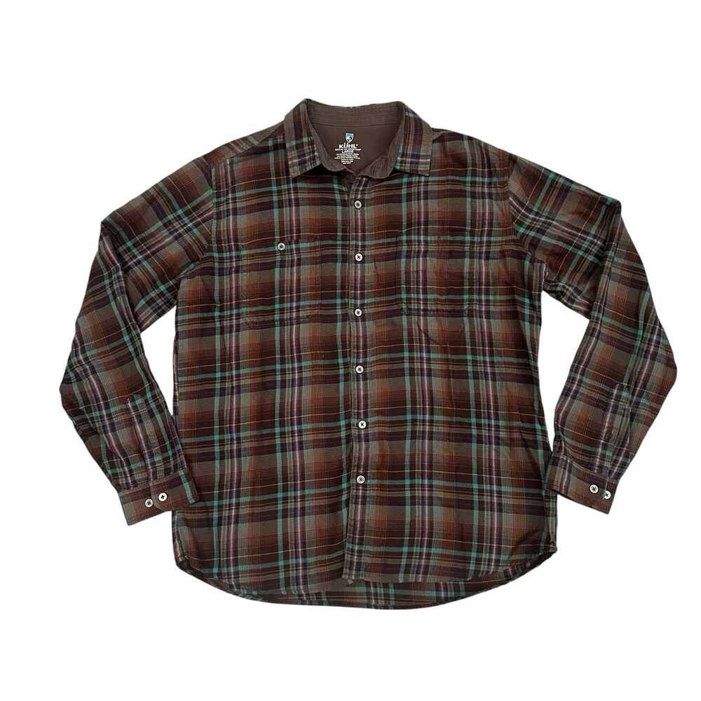 KUHL Fugitive Flannel Shirt Mens L Medium Brown Green Outdoor Hiking Workwear